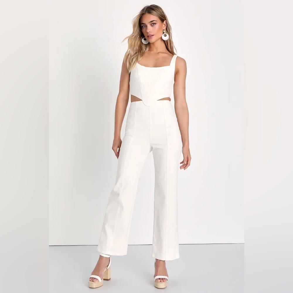 NEW Lulu’s Perfect Icon Ivory Bustier Cutout Straight Leg Denim Jumpsuit XL
